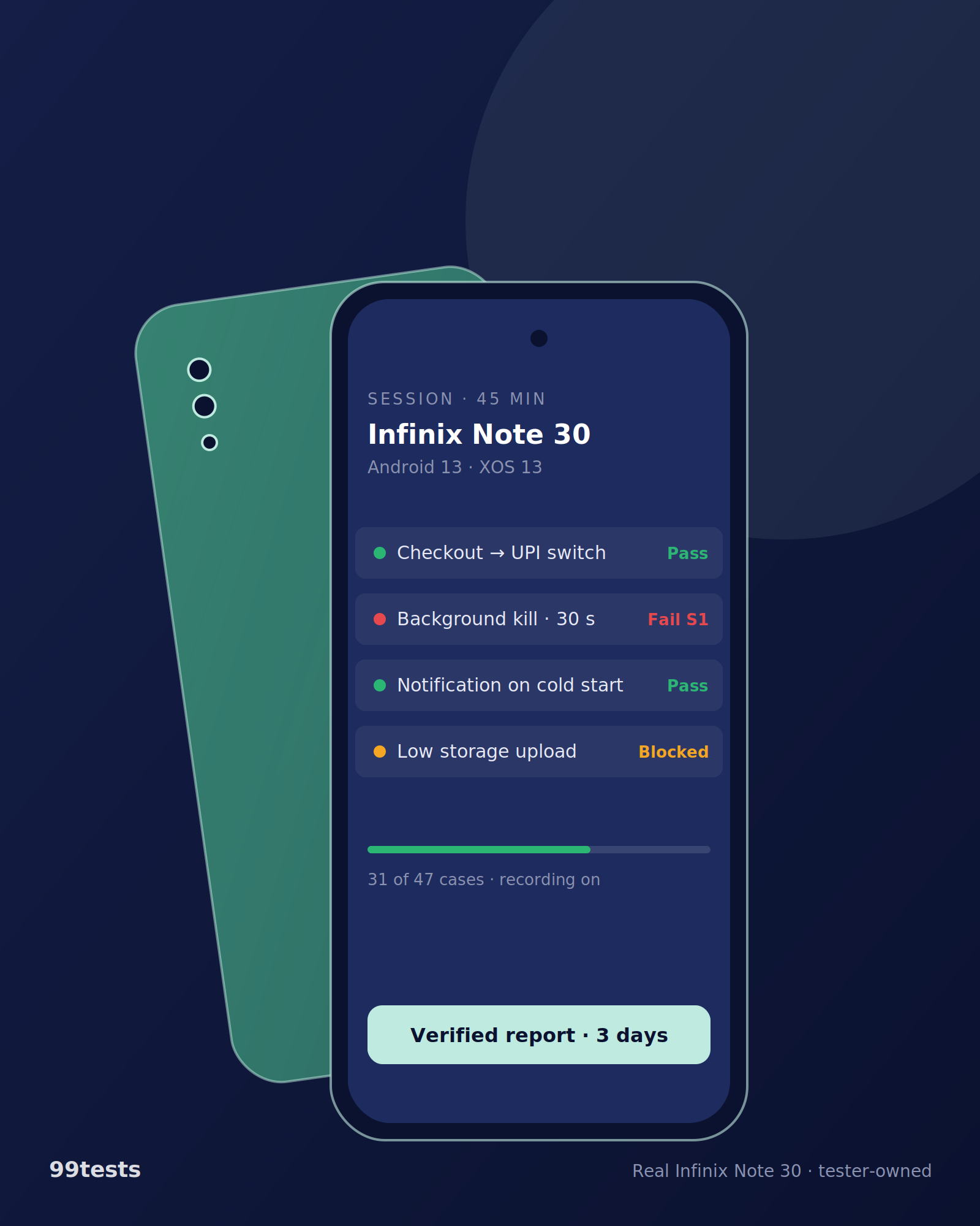 Illustration of Infinix Note 30 running a 99tests session